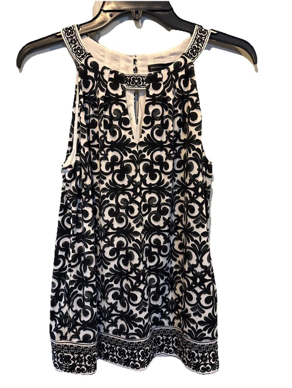White House Black Market XS Tunic Top Black White Damask Keyhole